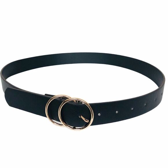 Black Round Gold Double Buckle Belt - Picture 2 of 7